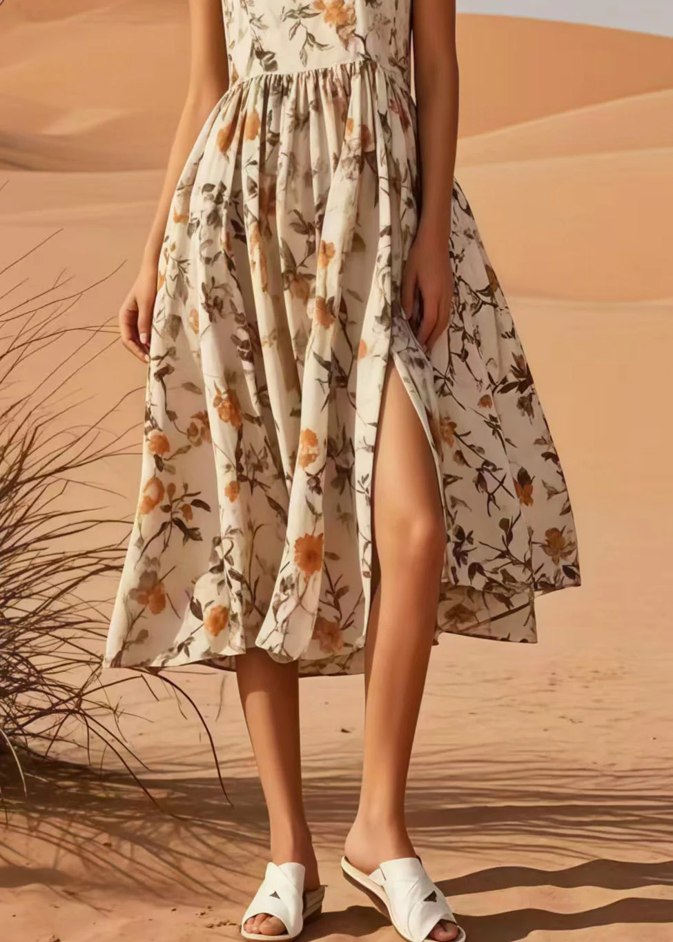 Beautiful Apricot Print Side Open Cotton Long Dress Sleeveless - Image 4