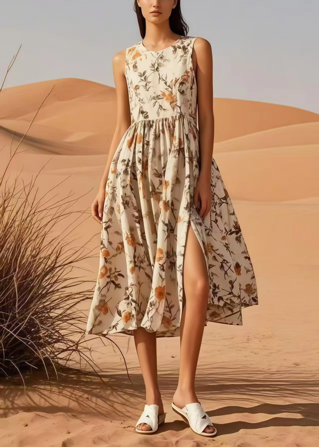 Beautiful Apricot Print Side Open Cotton Long Dress Sleeveless - Image 5