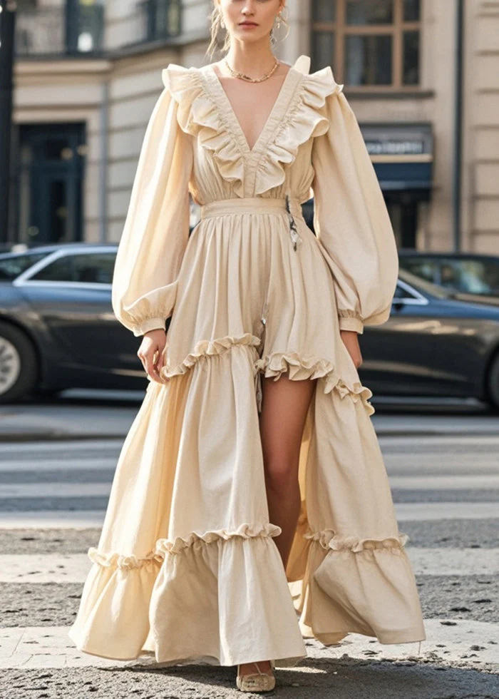 Beautiful Apricot Ruffled Asymmetrical Design Cotton Vacation Dresses Spring - Image 3