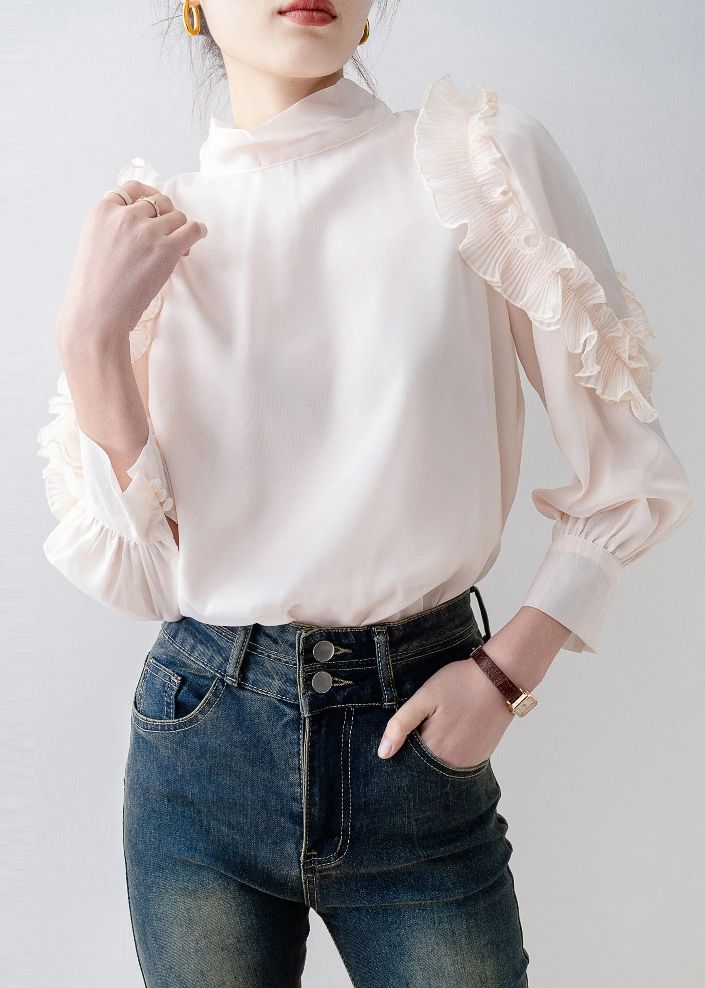 Beautiful Apricot Stand Collar Ruffled Chiffon Top Spring - Image 3