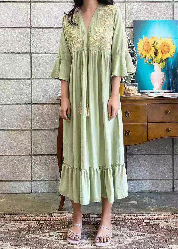 Beautiful Apricot V Neck Embroideried Ruffled Tassel Tie Waist Long Dresses Flare Sleeve - Image 2