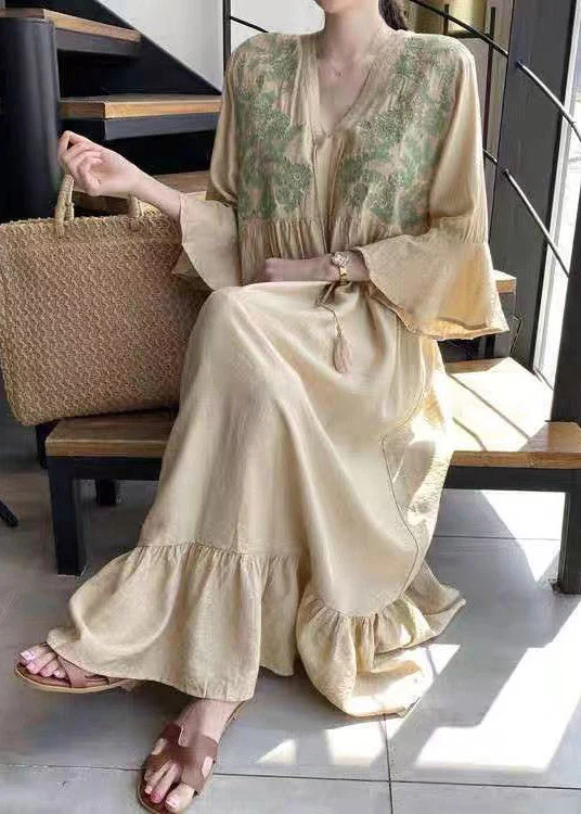 Beautiful Apricot V Neck Embroideried Ruffled Tassel Tie Waist Long Dresses Flare Sleeve - Image 3