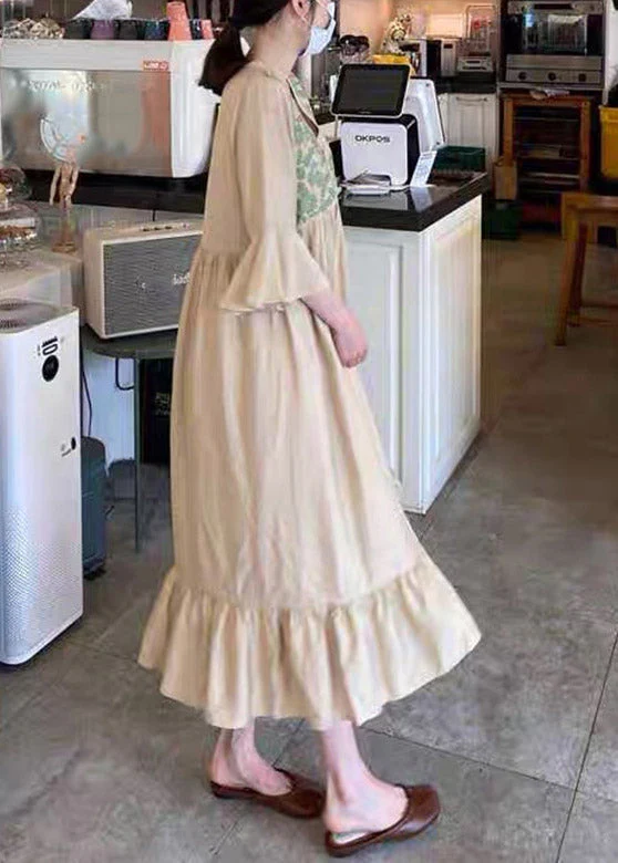 Beautiful Apricot V Neck Embroideried Ruffled Tassel Tie Waist Long Dresses Flare Sleeve - Image 4