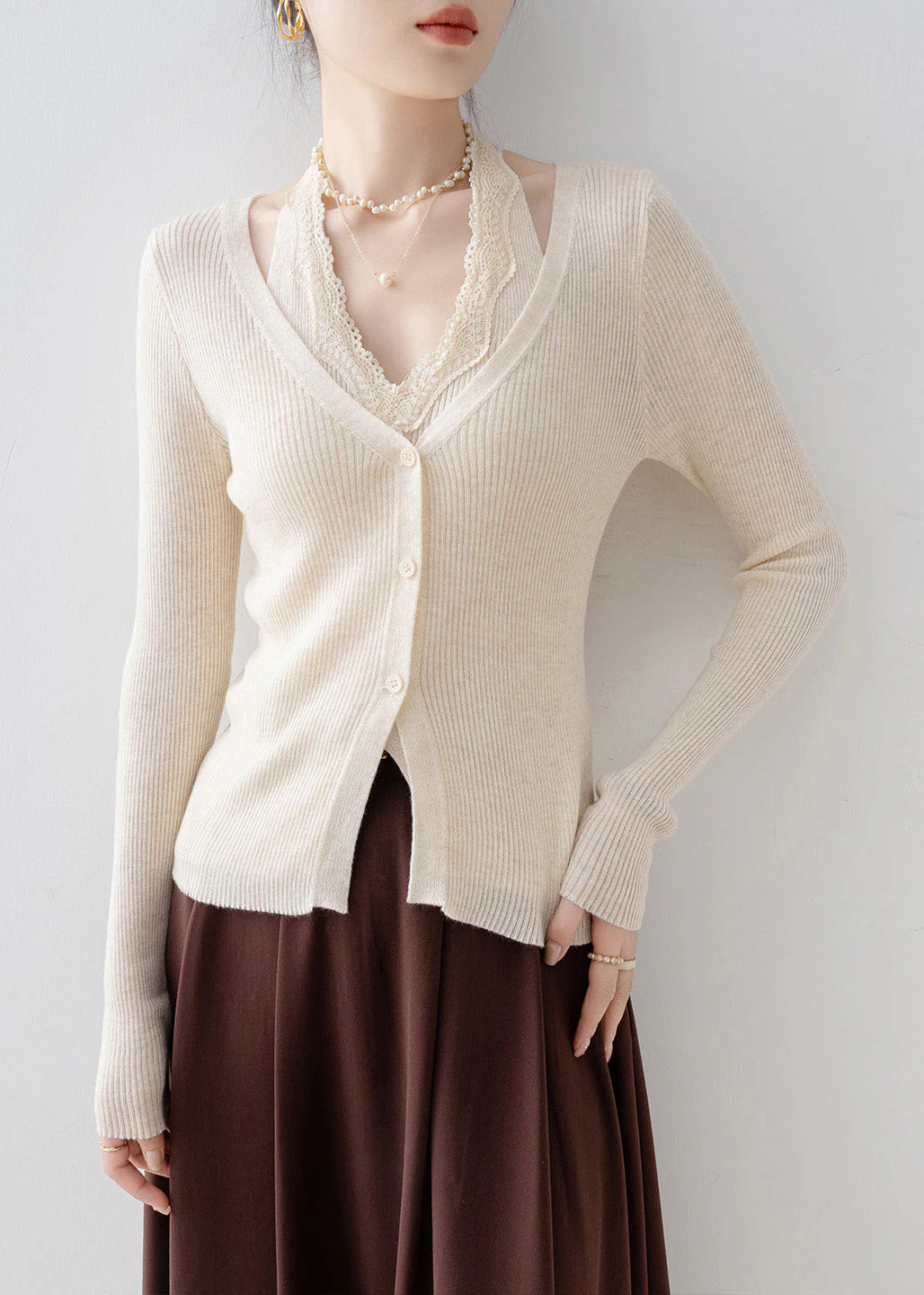 Beautiful Apricot V Neck Lace Patchwork Knit Sweater Spring