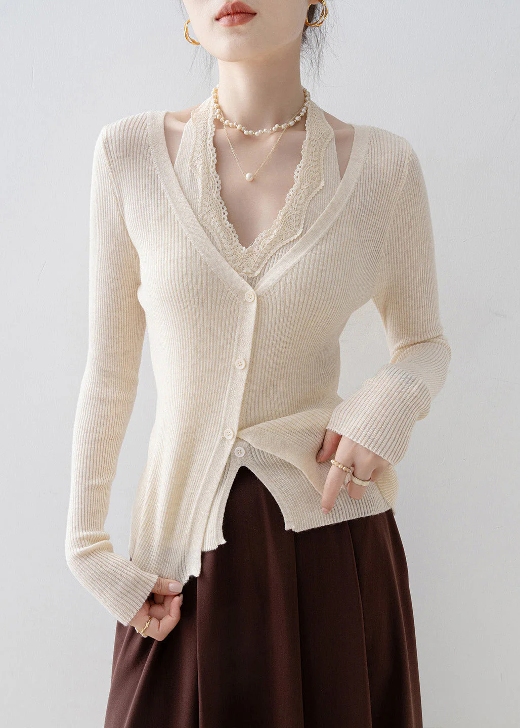 Beautiful Apricot V Neck Lace Patchwork Knit Sweater Spring - Image 2