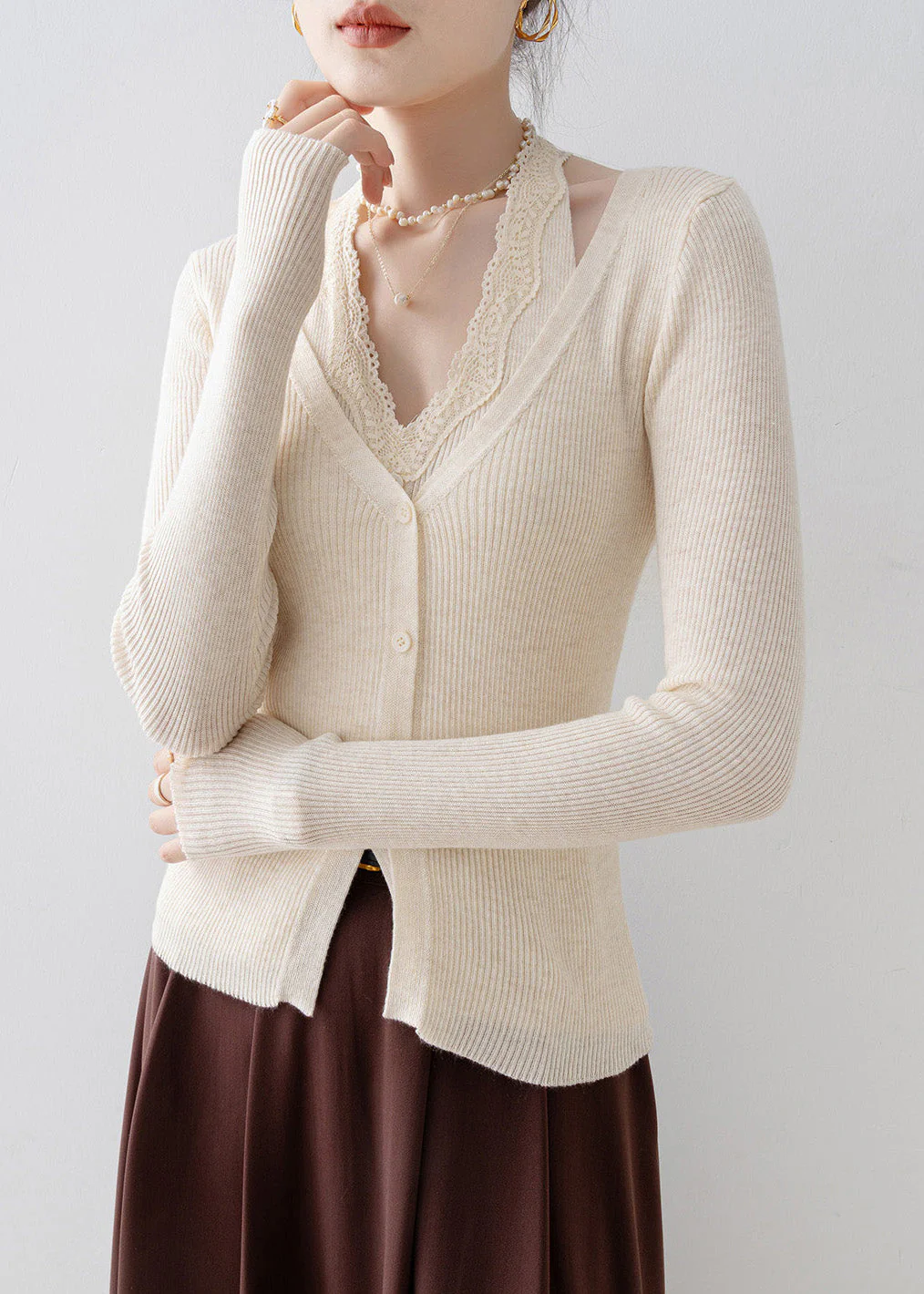 Beautiful Apricot V Neck Lace Patchwork Knit Sweater Spring - Image 3