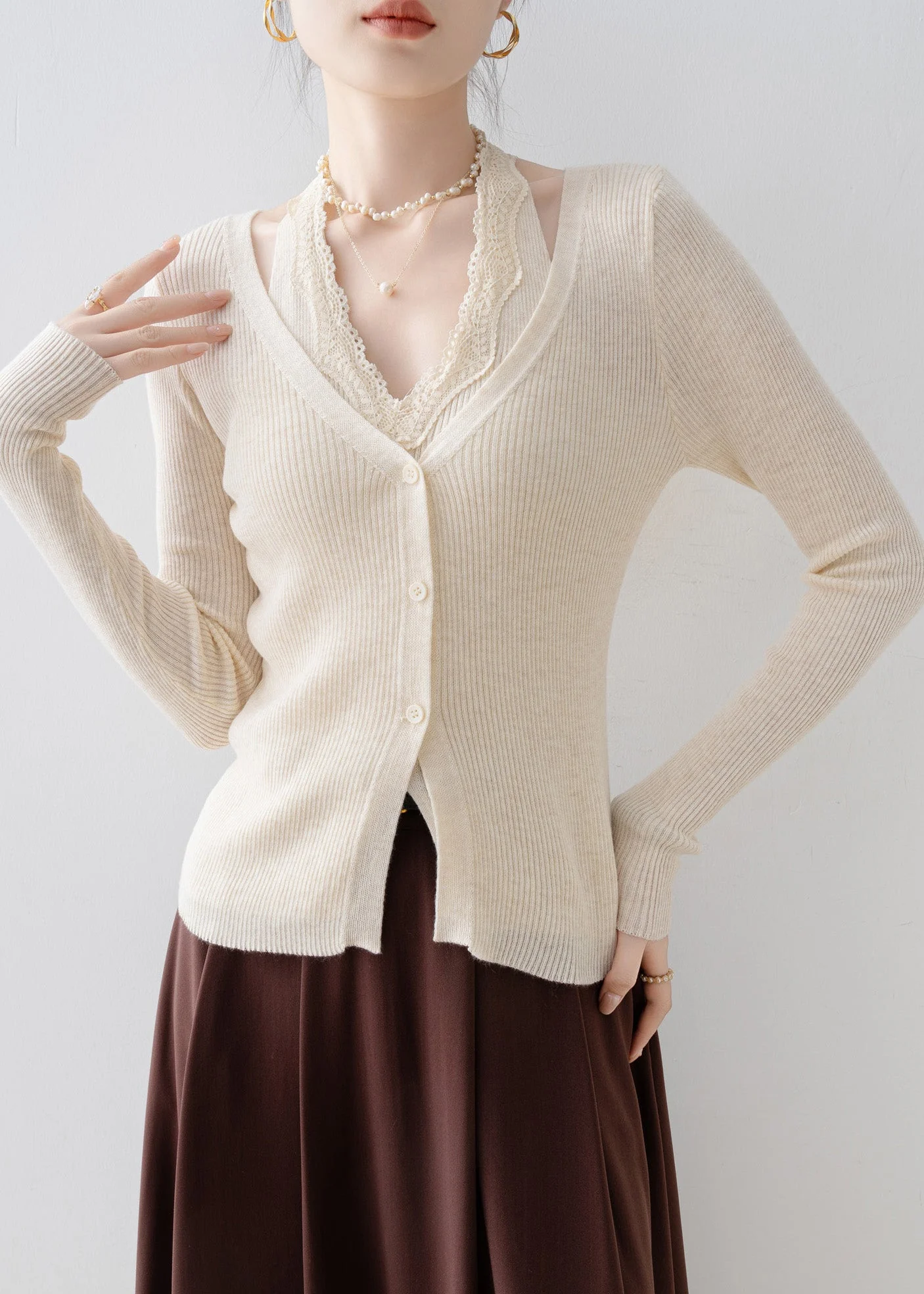 Beautiful Apricot V Neck Lace Patchwork Knit Sweater Spring - Image 5