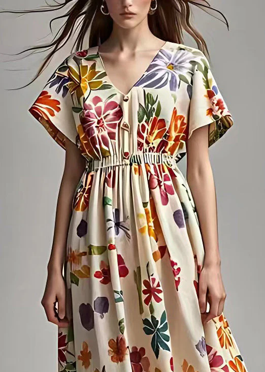 Beautiful Apricot V Neck Print Cotton Maxi Dresses Summer - Image 3