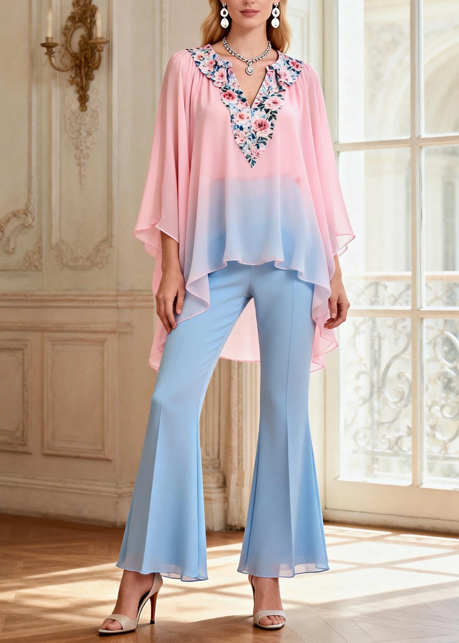 Beautiful Asymmetrical Design Top And Pants Chiffon Two Pieces Set Summer