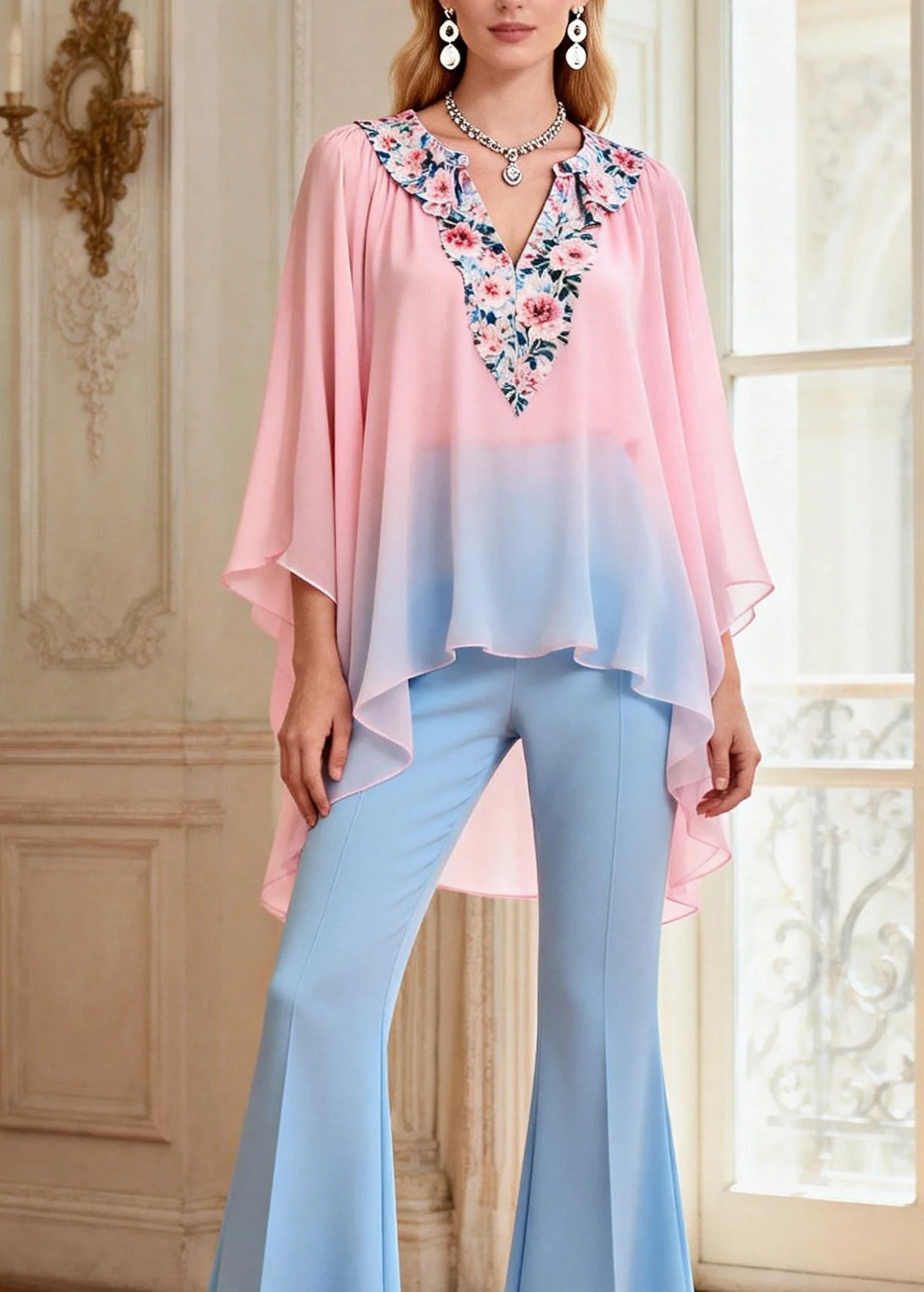 Beautiful Asymmetrical Design Top And Pants Chiffon Two Pieces Set Summer - Image 2