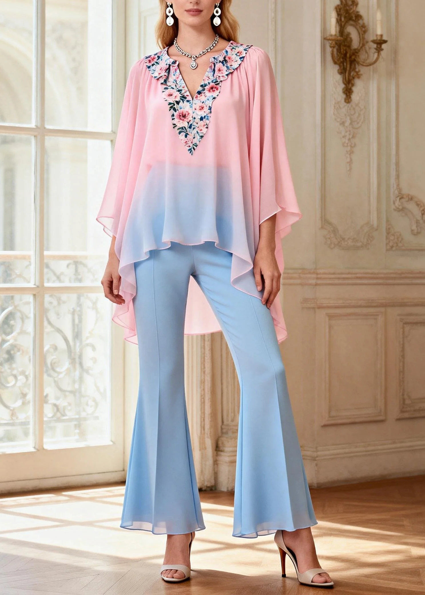 Beautiful Asymmetrical Design Top And Pants Chiffon Two Pieces Set Summer - Image 3