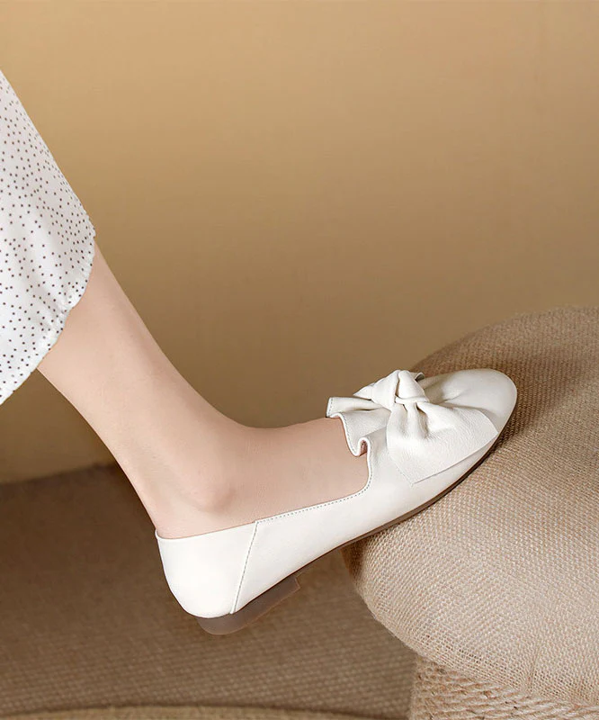 Beautiful Beige Cowhide Leather Soft Flats Splicing Bow - Image 5