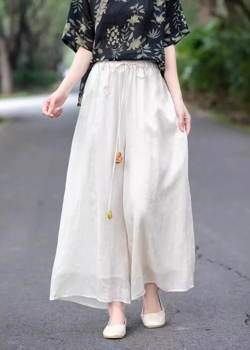 Beautiful Beige High Waist Elastic Waist Linen Pants Summer