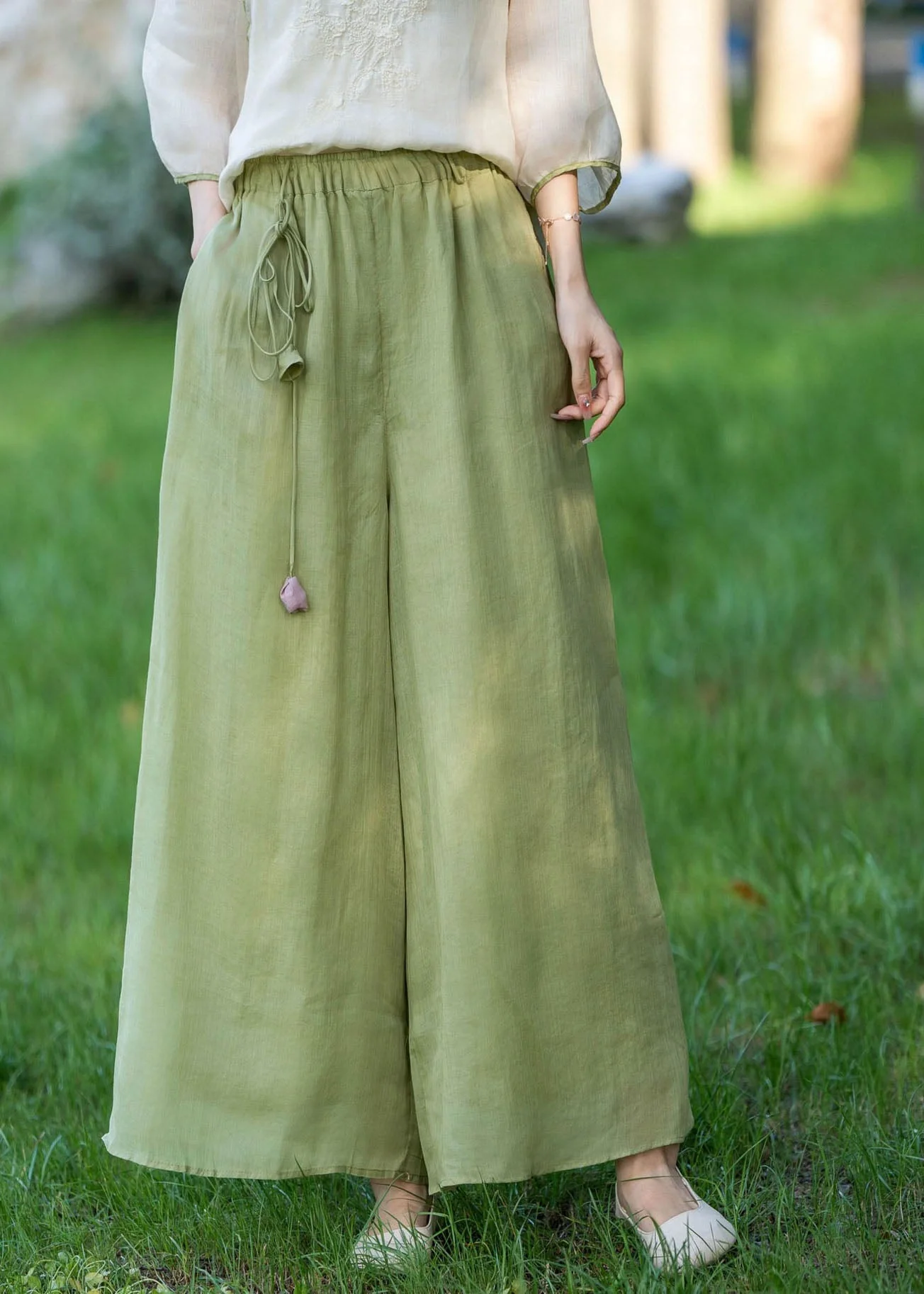 Beautiful Beige High Waist Elastic Waist Linen Pants Summer - Image 5