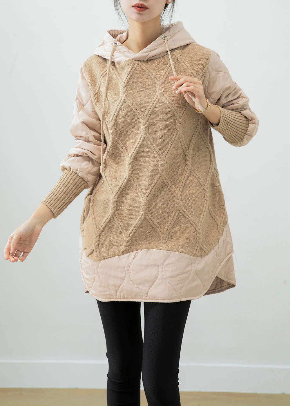 Beautiful Beige Hooded Patchwork Fine Cotton Filled Sweatshirt Dress Winter - Image 2