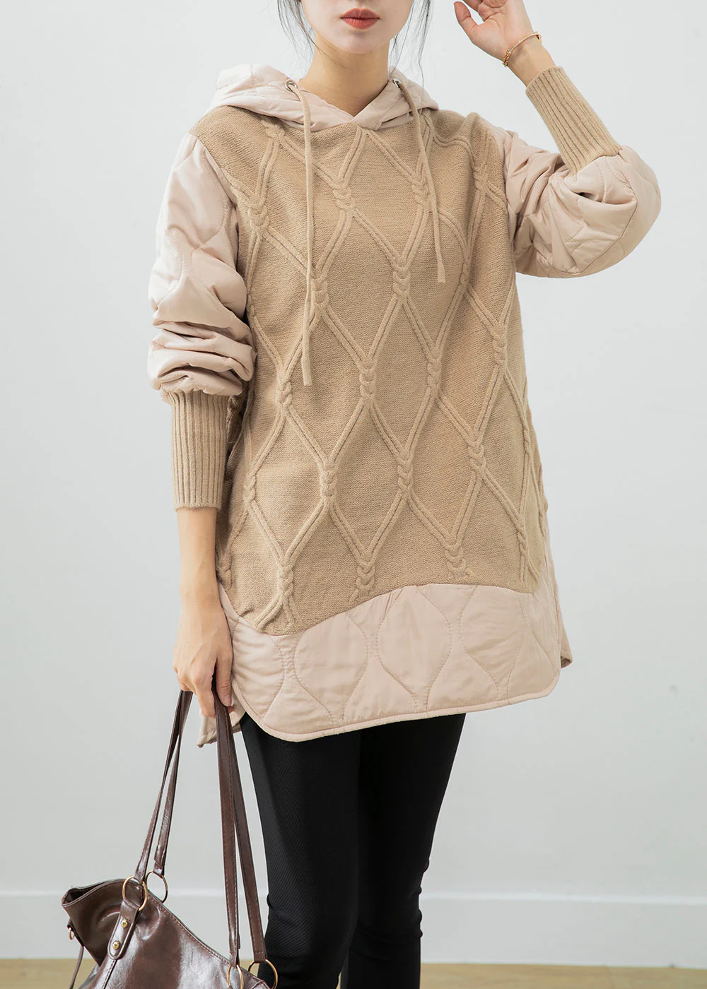 Beautiful Beige Hooded Patchwork Fine Cotton Filled Sweatshirt Dress Winter - Image 3
