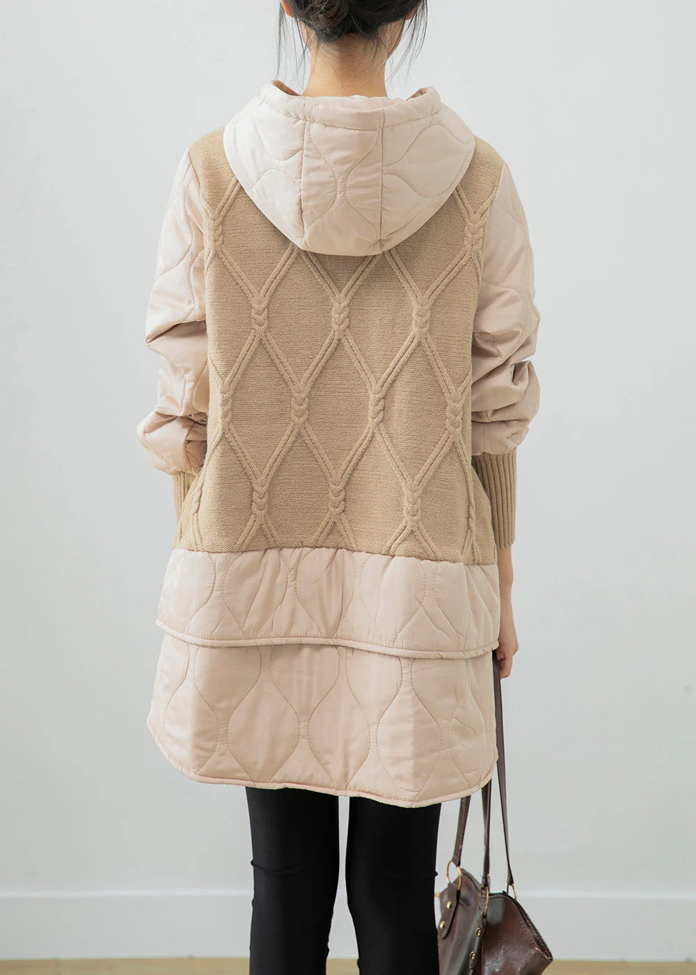 Beautiful Beige Hooded Patchwork Fine Cotton Filled Sweatshirt Dress Winter - Image 4