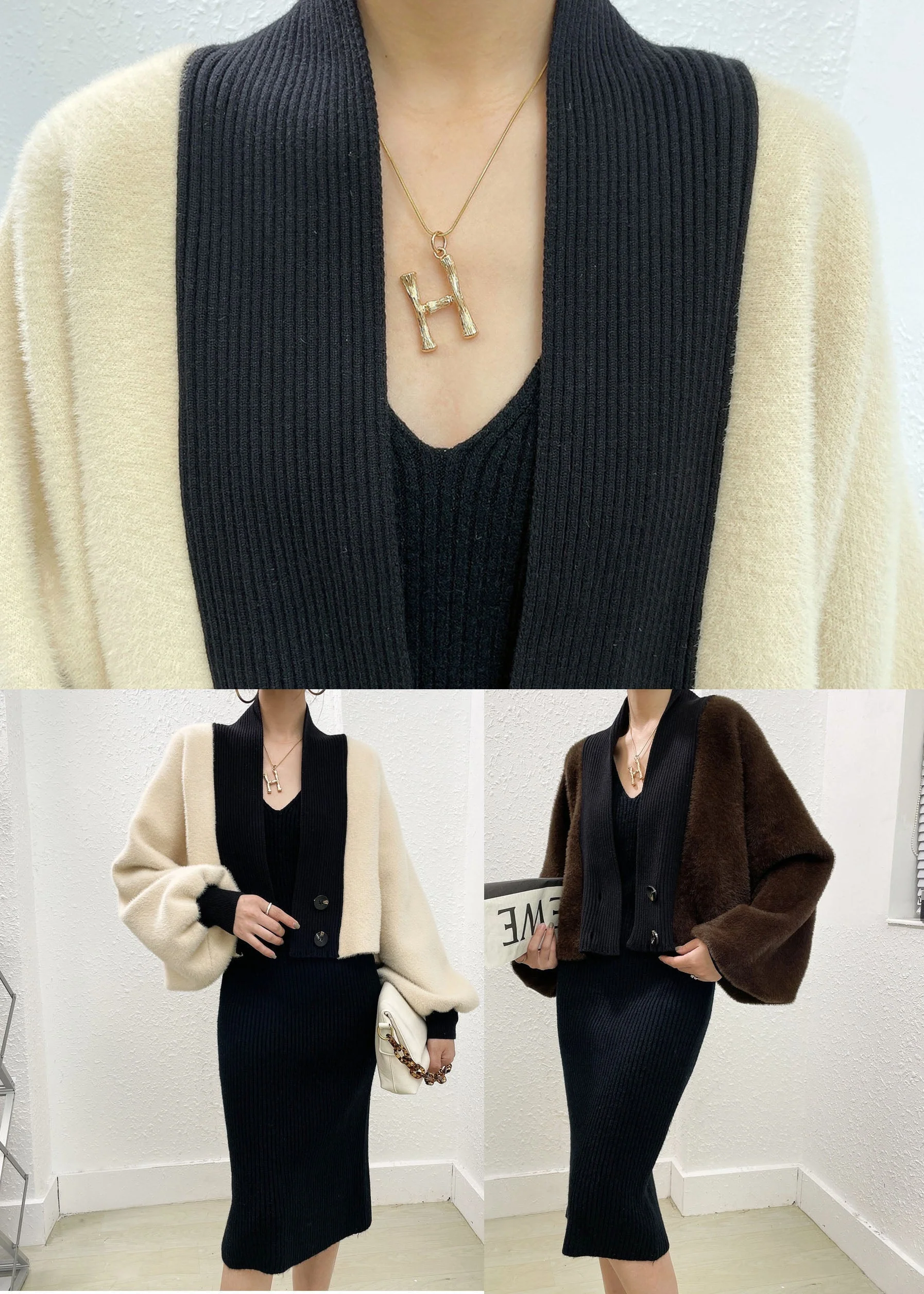 Beautiful Beige Mink Hair Knitted Coats And Knitted Long Dress Two Pieces Set Winter - Image 4
