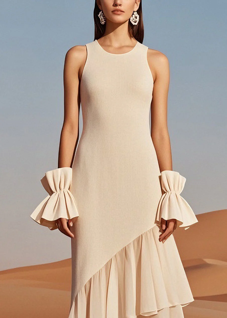 Beautiful Beige O Neck Wrinkled Patchwork Knit Dress Sleeveless - Image 2