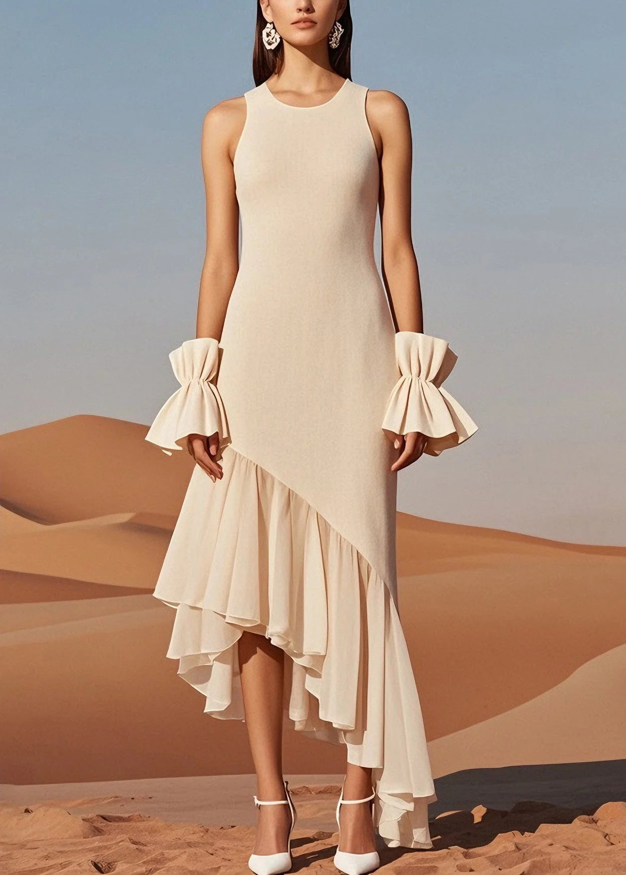 Beautiful Beige O Neck Wrinkled Patchwork Knit Dress Sleeveless - Image 3
