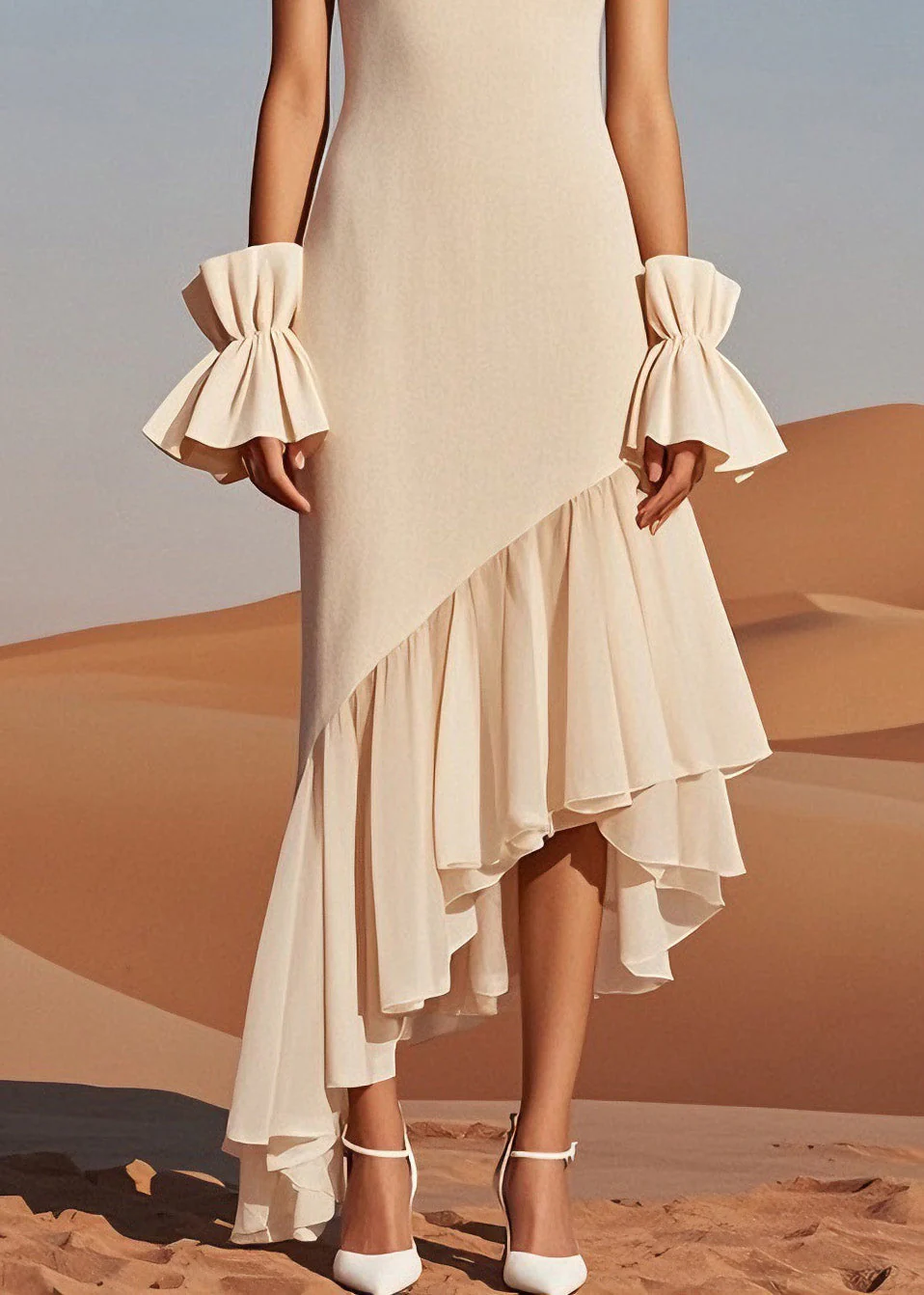 Beautiful Beige O Neck Wrinkled Patchwork Knit Dress Sleeveless - Image 4