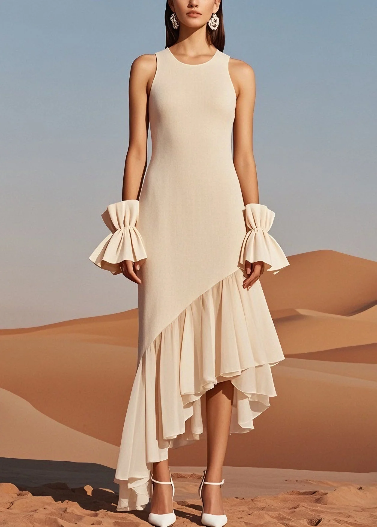 Beautiful Beige O Neck Wrinkled Patchwork Knit Dress Sleeveless - Image 5