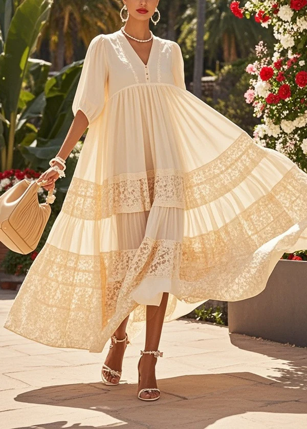 Beautiful Beige Oversized Patchwork Lace Holiday Dresses Summer - Image 5