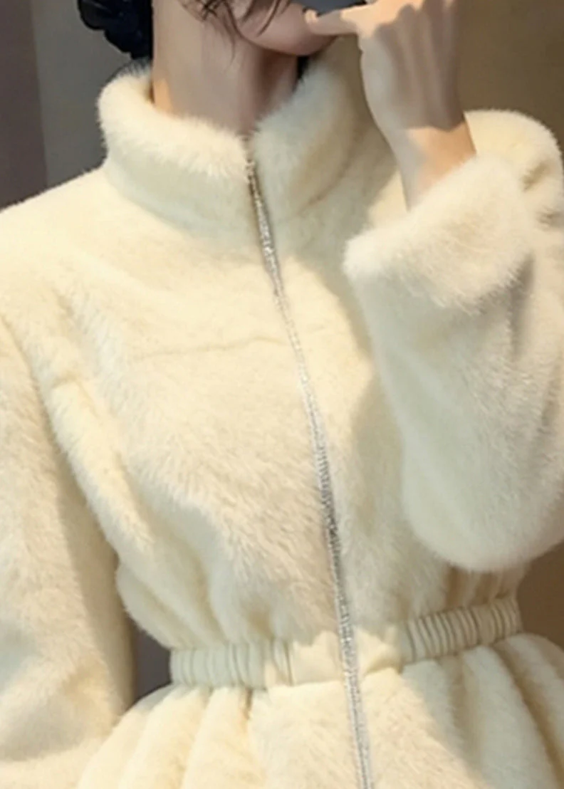 Beautiful Beige Patchwork Elastic Waist Mink Hair Coats Winter - Image 2