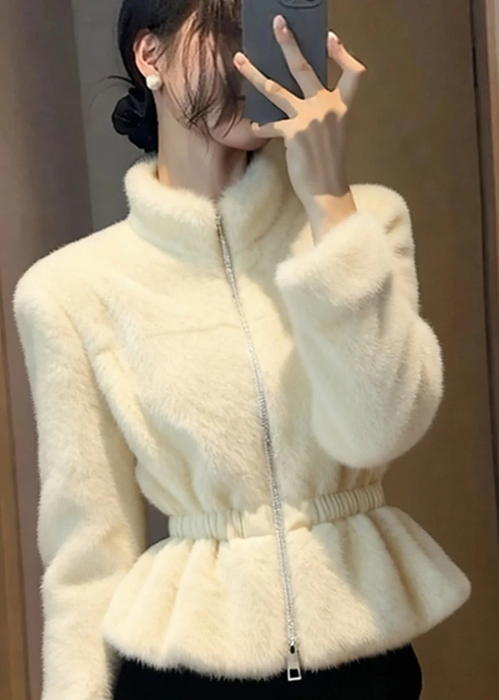 Beautiful Beige Patchwork Elastic Waist Mink Hair Coats Winter - Image 3