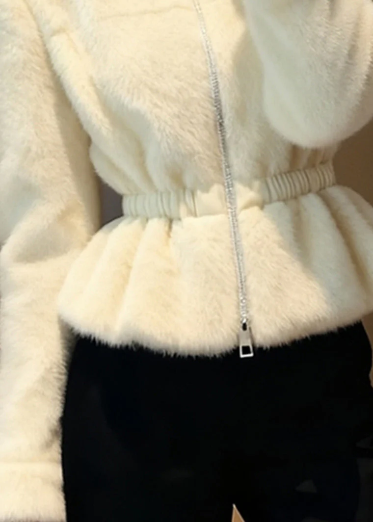 Beautiful Beige Patchwork Elastic Waist Mink Hair Coats Winter - Image 4
