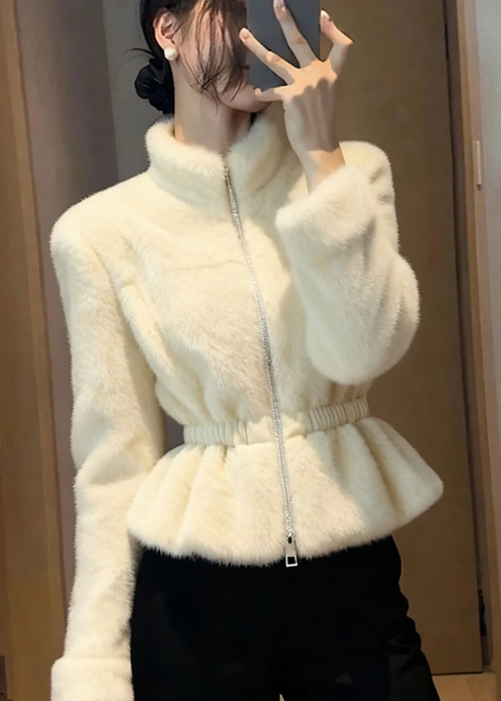 Beautiful Beige Patchwork Elastic Waist Mink Hair Coats Winter - Image 5