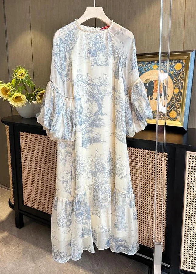 Beautiful Beige Pearl Print Patchwork Dress Puff Sleeve - Image 3