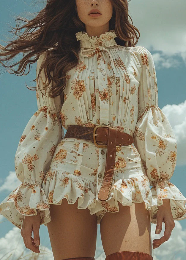 Beautiful Beige Print Patchwork Cotton Mini Dress Spring - Image 5