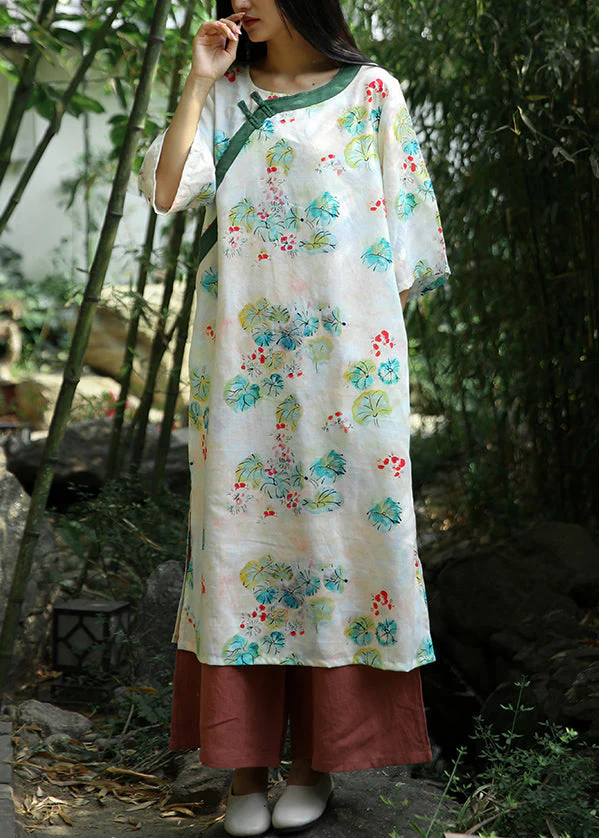 Beautiful Beige Print Side Open Patchwork Cotton Dresses Bracelet Sleeve - Image 2