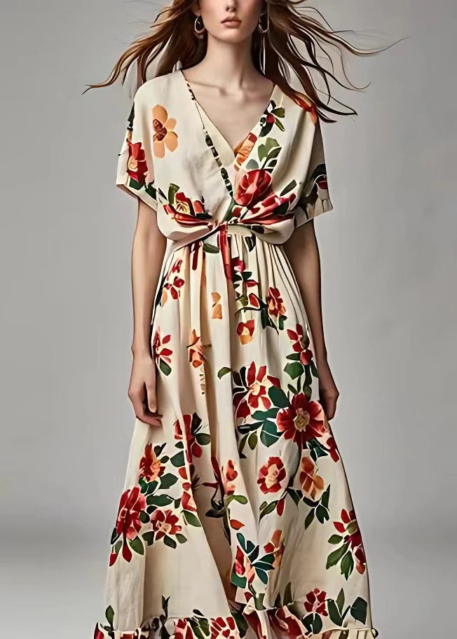 Beautiful Beige V Neck Print Cotton Long Dress Summer - Image 2