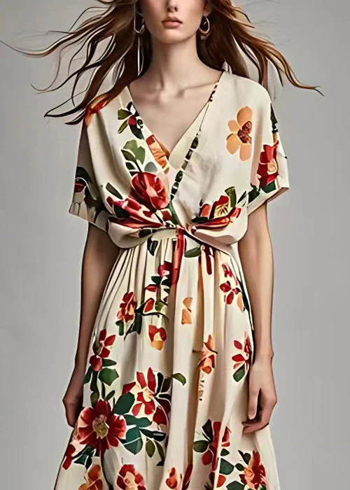 Beautiful Beige V Neck Print Cotton Long Dress Summer - Image 3