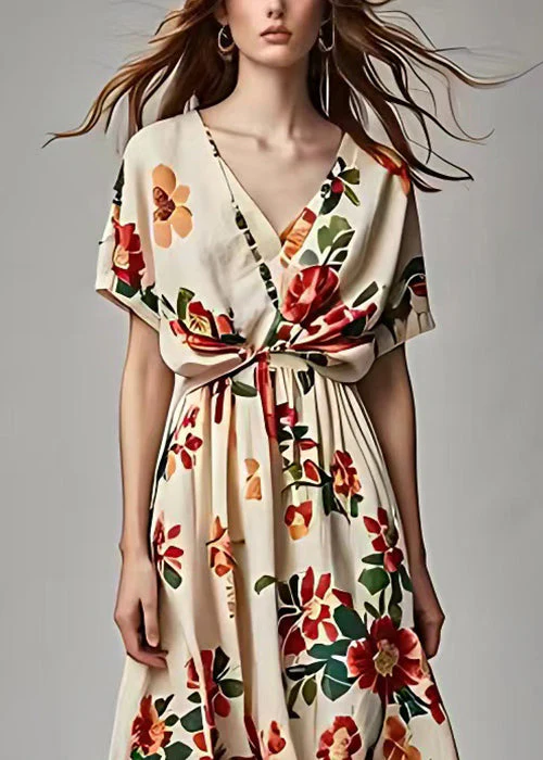 Beautiful Beige V Neck Print Cotton Long Dress Summer - Image 4