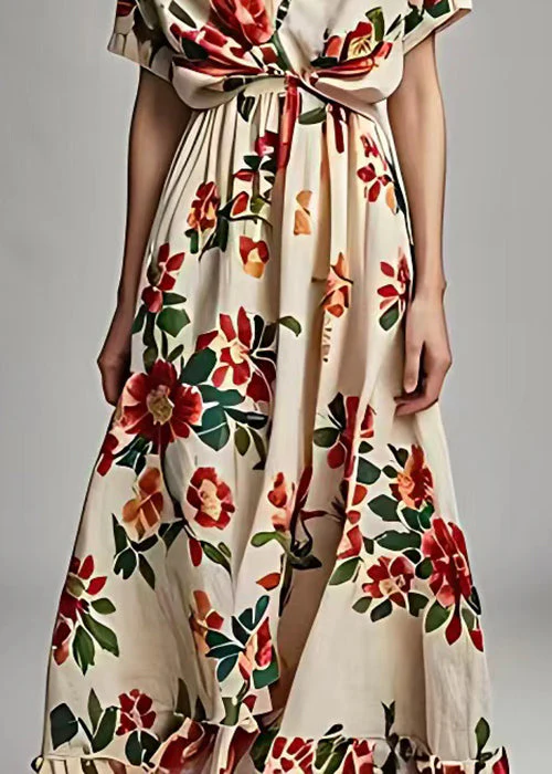 Beautiful Beige V Neck Print Cotton Long Dress Summer - Image 5