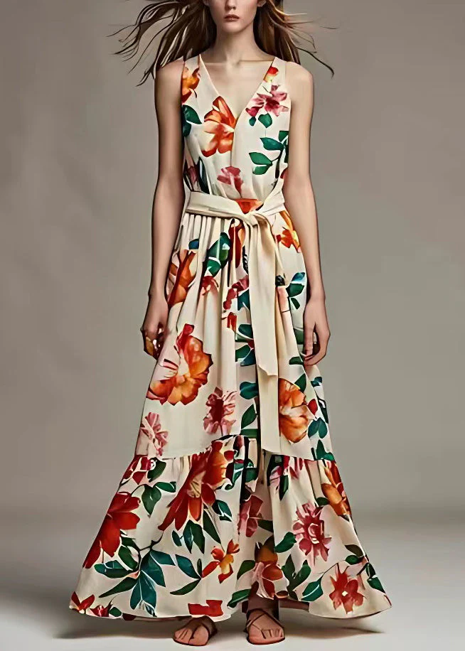 Beautiful Beige V Neck Print Tie Waist Cotton Long Dresses Sleeveless - Image 2