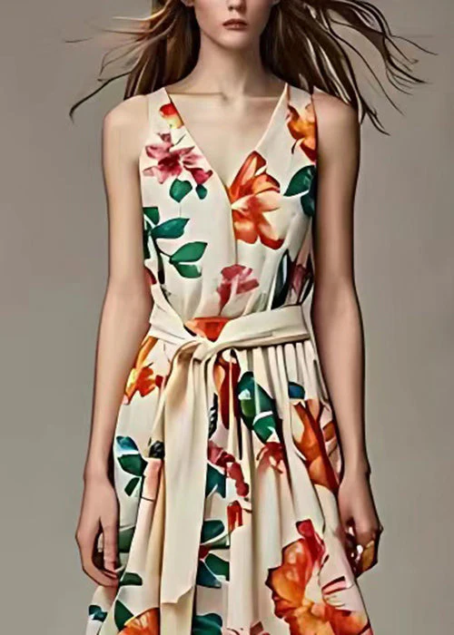 Beautiful Beige V Neck Print Tie Waist Cotton Long Dresses Sleeveless - Image 3