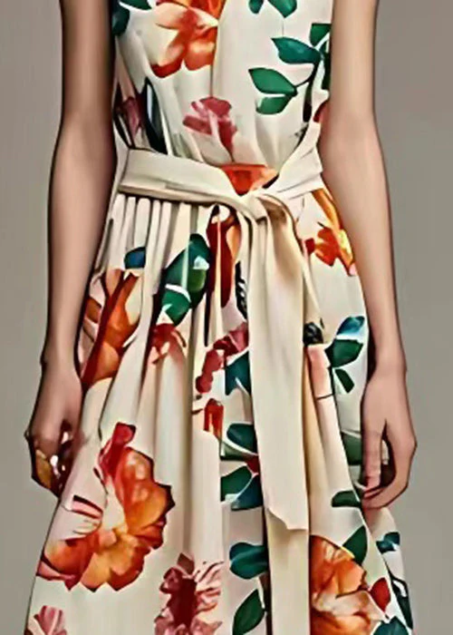 Beautiful Beige V Neck Print Tie Waist Cotton Long Dresses Sleeveless - Image 4