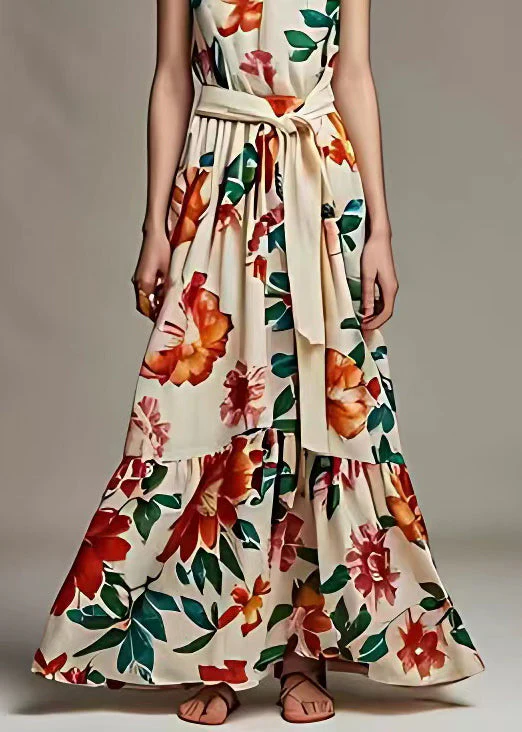 Beautiful Beige V Neck Print Tie Waist Cotton Long Dresses Sleeveless - Image 5