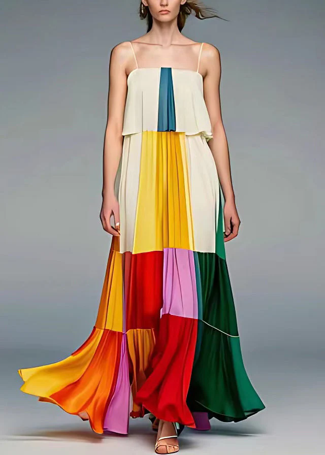 Beautiful Beige Wrinkled Patchwork Silk Spaghetti Strap Dress Sleeveless - Image 2