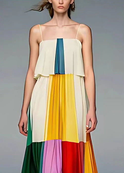 Beautiful Beige Wrinkled Patchwork Silk Spaghetti Strap Dress Sleeveless - Image 3