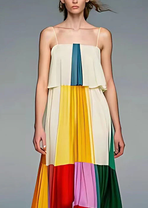 Beautiful Beige Wrinkled Patchwork Silk Spaghetti Strap Dress Sleeveless - Image 4