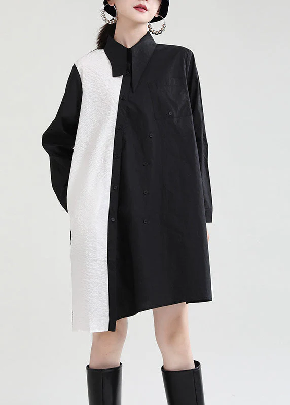 Beautiful Black Asymmetrical Design Patchwork Fall Dresses Long Sleeve - Image 2