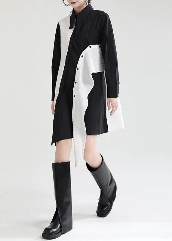Beautiful Black Asymmetrical Design Patchwork Fall Dresses Long Sleeve - Image 3