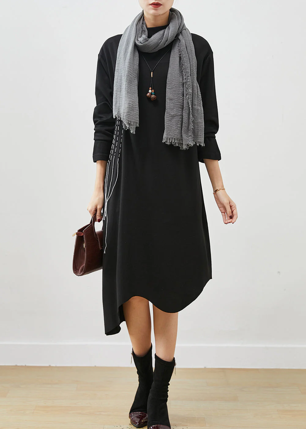 Beautiful Black Asymmetrical Embroideried Cotton Dress Spring - Image 3