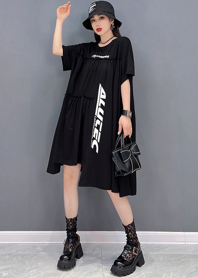 Beautiful Black Asymmetrical Wrinkled Letter Print Cotton Streetwear Dresses Short Sleeve - Image 2