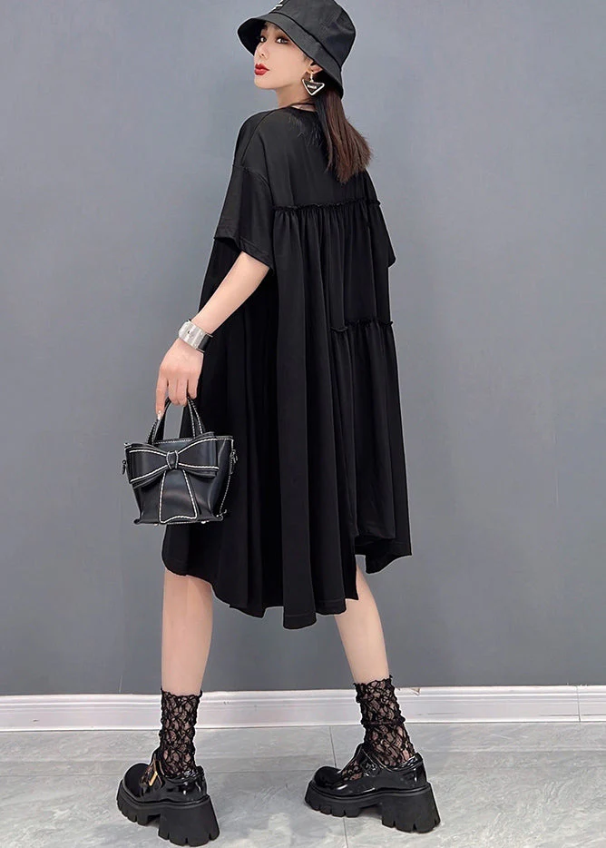 Beautiful Black Asymmetrical Wrinkled Letter Print Cotton Streetwear Dresses Short Sleeve - Image 4